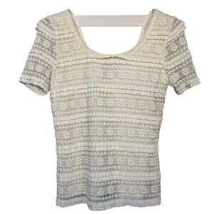 I N Studio Women’s Short Sleeve Lace Top Ivory Petite Large Nylon Blend Good